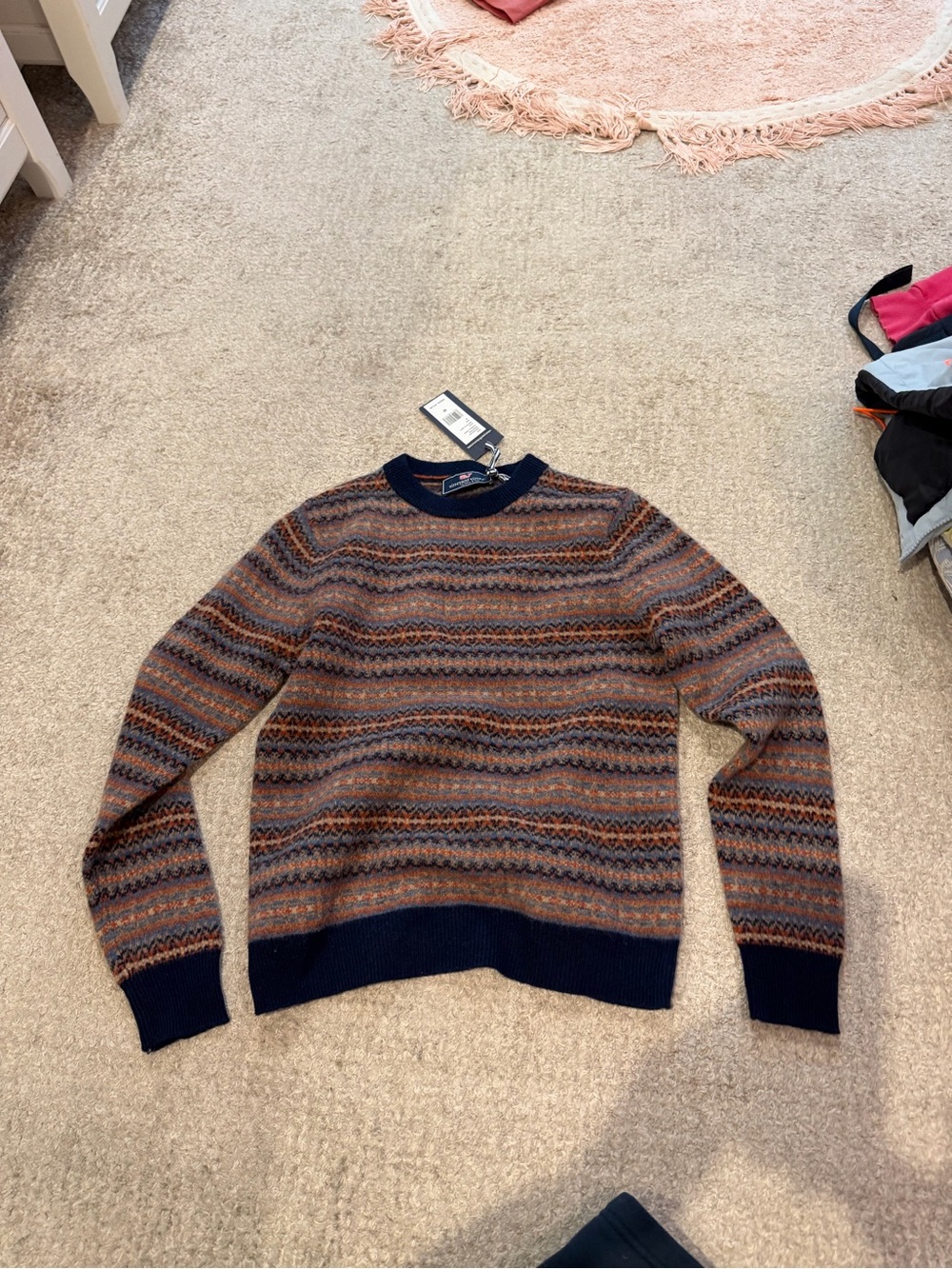 Vineyard Vines Navy and Brown Fair Isle Crewneck Sweater